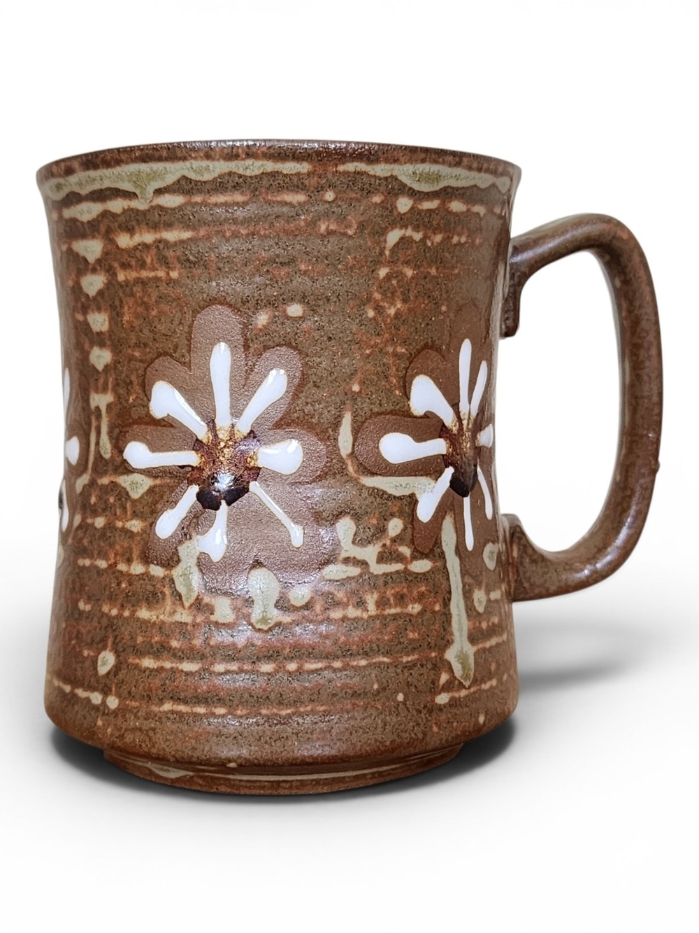 Vintage Studio Pottery Floral Mug Brown Hand Thrown Stoneware Daisy Coffee Cup